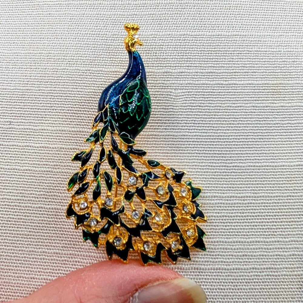Peacock Brooch - Vintage - Blue and Green Enamel and Clear Rhinestones